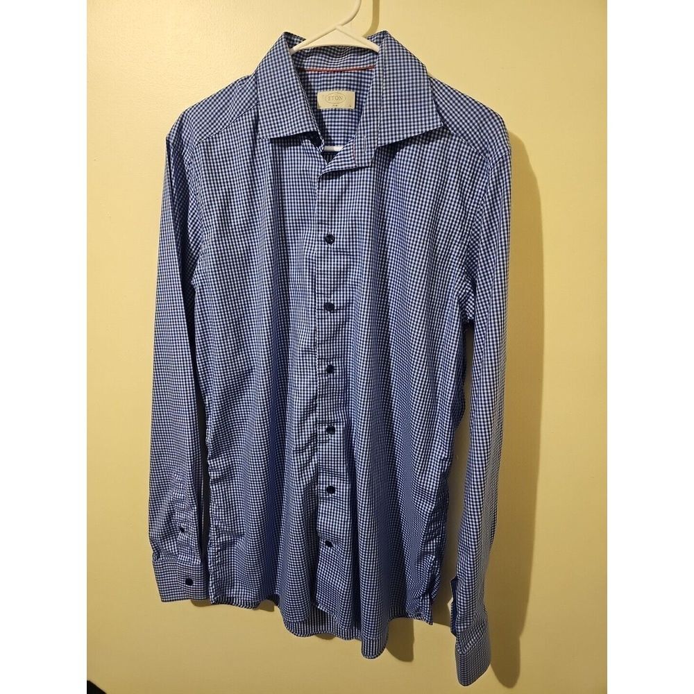 ETON Slim Fit Dress Shirt Mens 16, 41 White Blue/ Navy Button Up Cotton Shirt